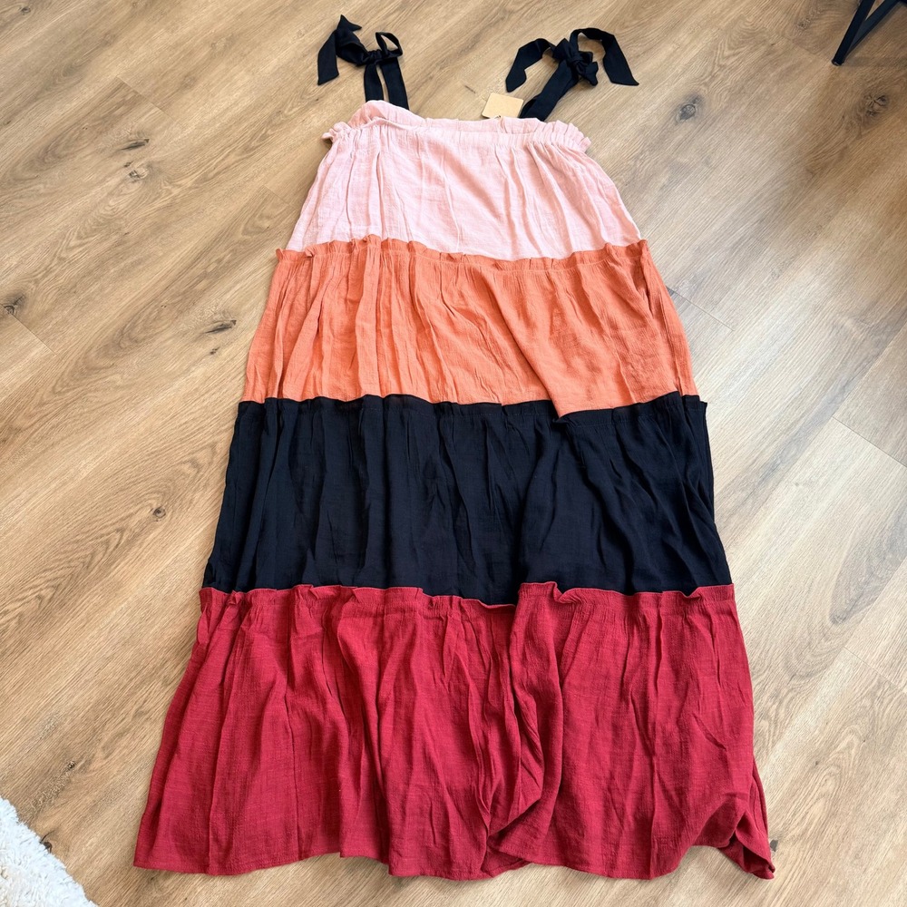 NWT BLU‎ PEPPER Colorblock Tiered Maxi Dress Large Pink Orange Black Red